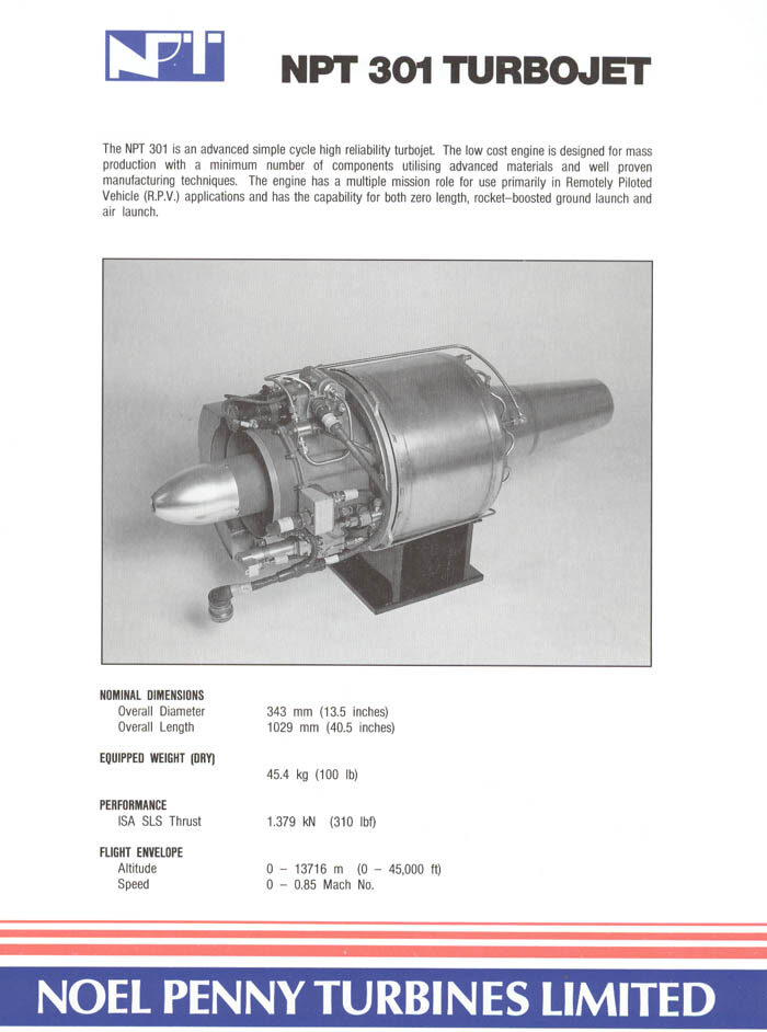 Noel Penny Turbines NPT301 turbojet spec sheet